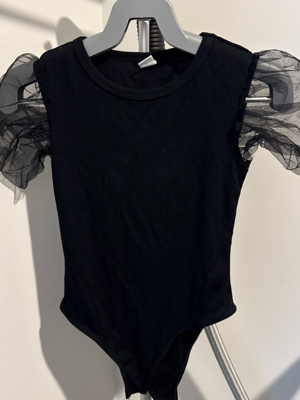 SHEIN Black Ribbed Tank One-Piece with Sheer Puff Sleeves